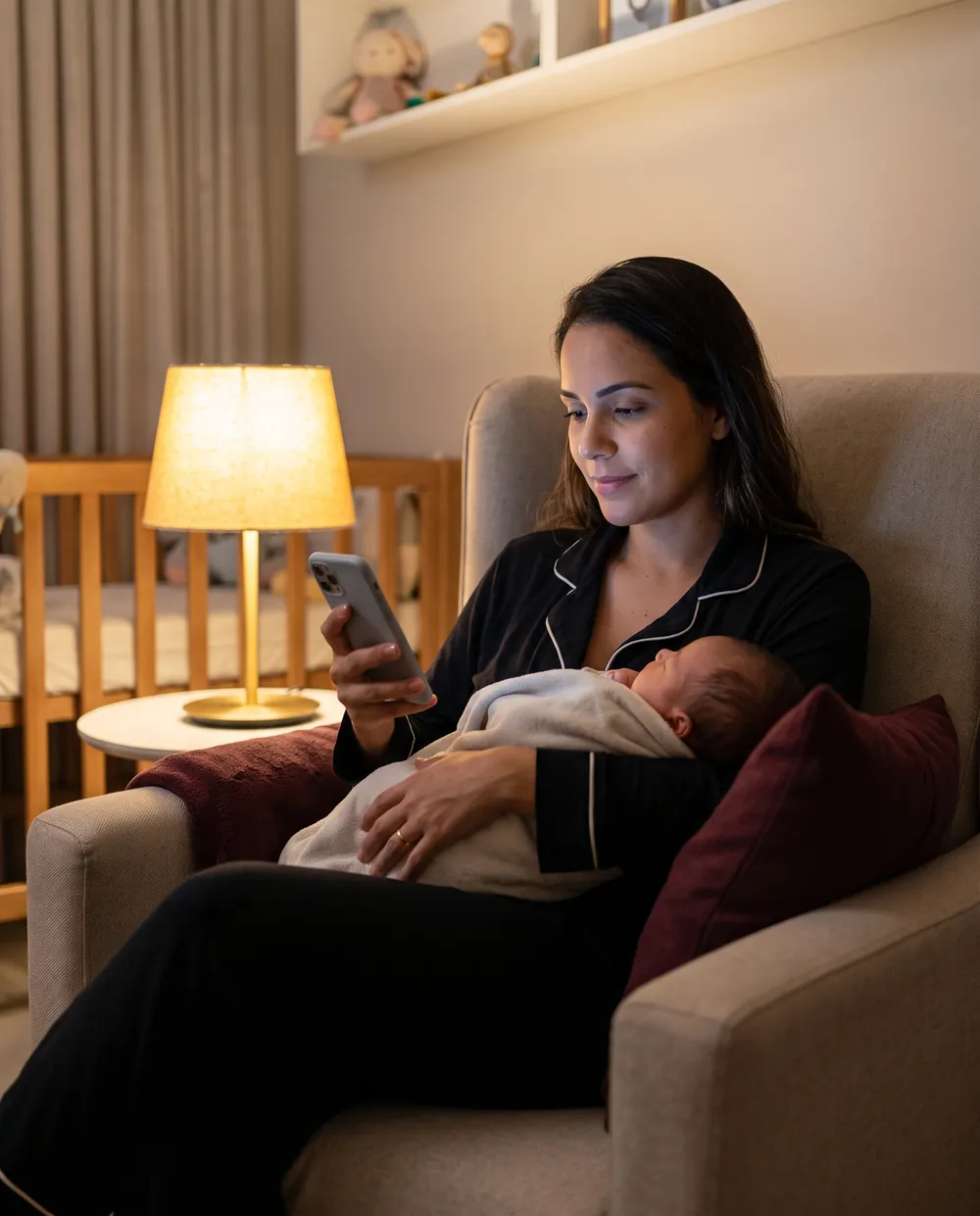 Mãe sentada na poltrona do quarto do bebê à noite, com o recém-nascido no colo, olhando o celular à luz de um abajur.